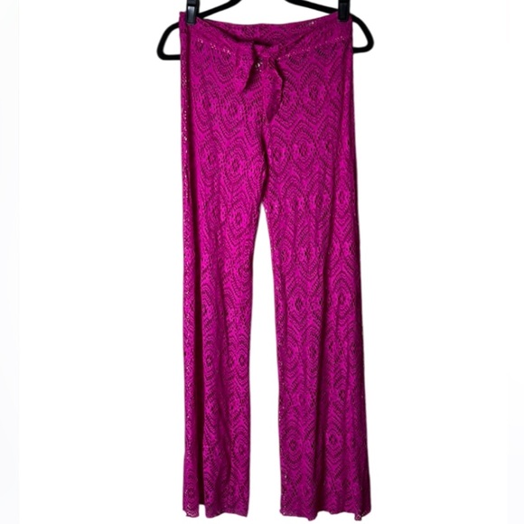 BECCA by Rebecca Virtue Boho Crochet Lace Beach Cover Up Pants - Fuchsia- Small - Picture 1 of 12